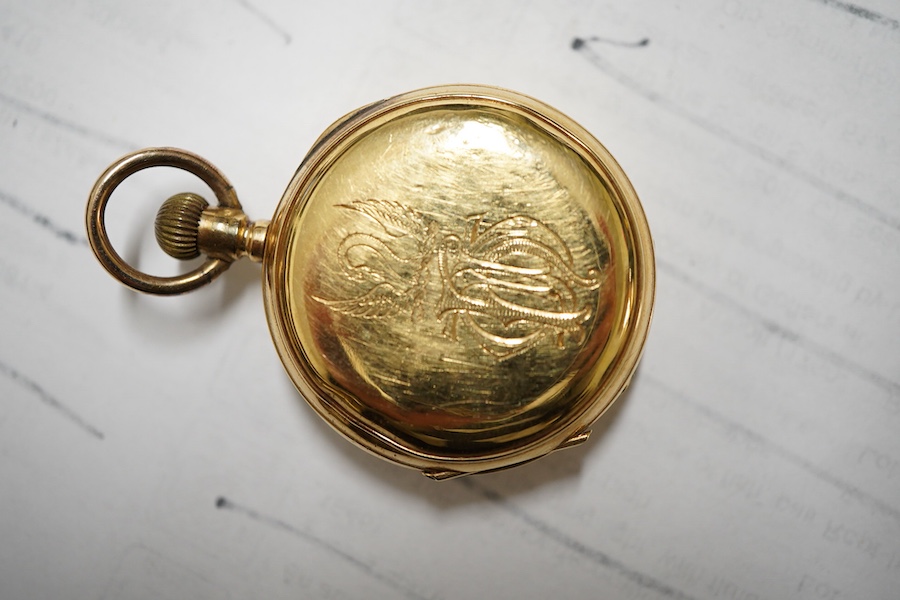 An early 20th century Swiss 18k and blue enamel half hunter keyless fob watch, with Roman chapter ring and dial, the movement signed 'Riverside', case diameter 35mm, gross weight 34 grams, now mounted in a leather watch